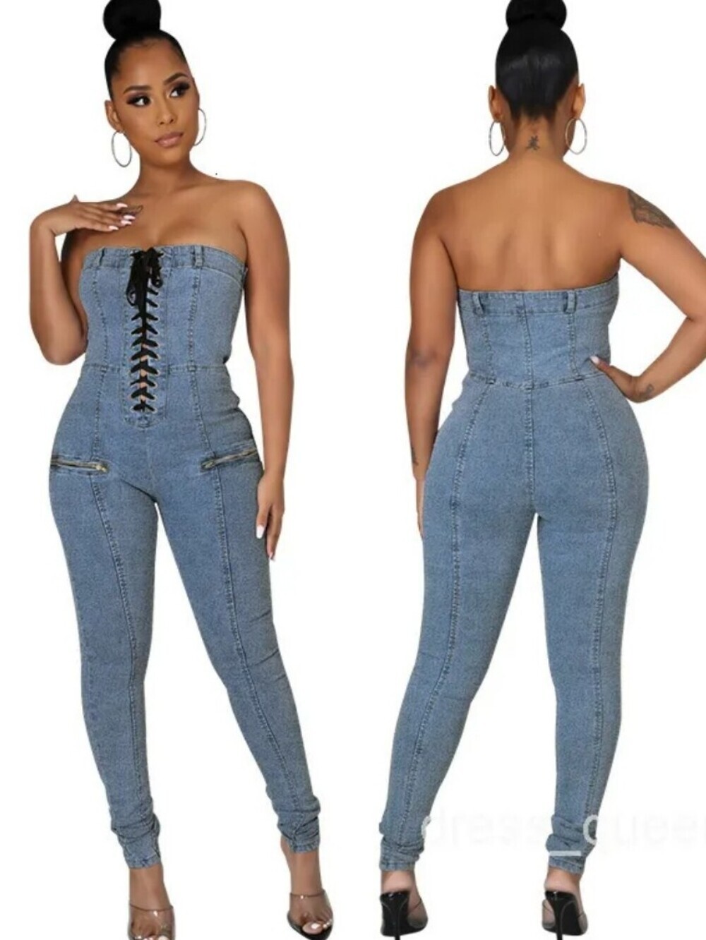High-Waist Lace-Up Denim Jumpsuit - Light Blue